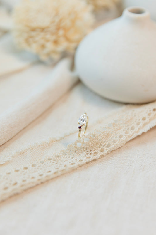 East West Pear Lab Grown Diamond and Burmese Spinel Ring