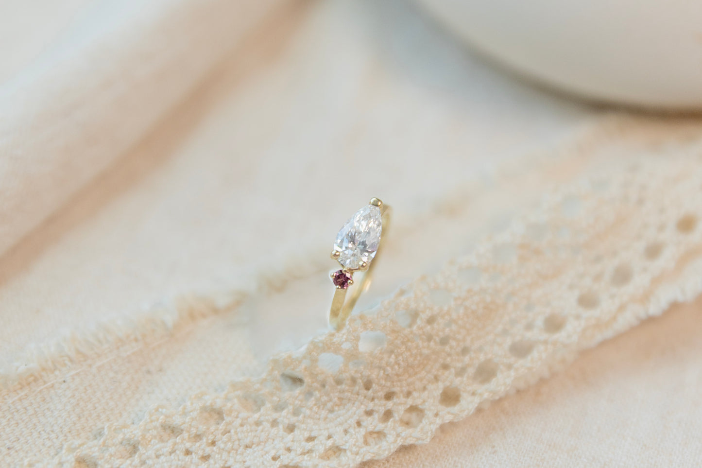 East West Pear Lab Grown Diamond and Burmese Spinel Ring